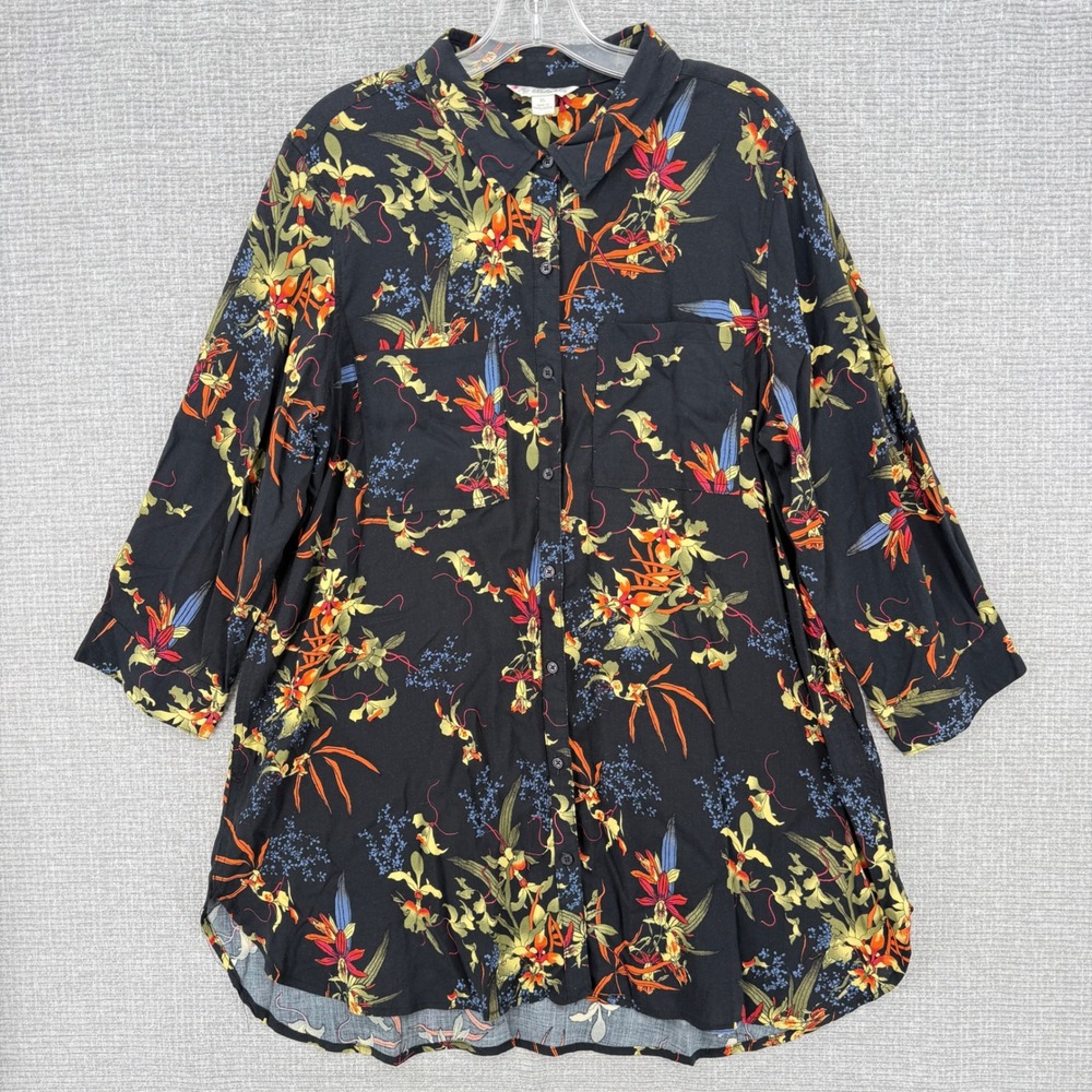 Khakis & Co Floral Button Down Shirt Women XL Black Tropical‎ Rayon Flowy Boho